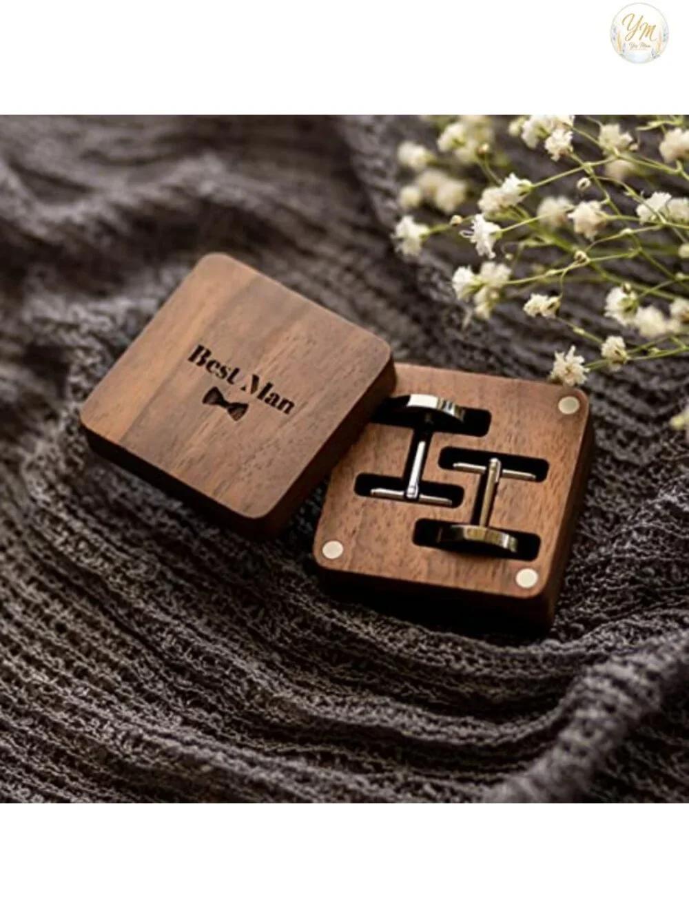 Best Man Gunmetal Cufflinks with Engraved Wood Gift Box